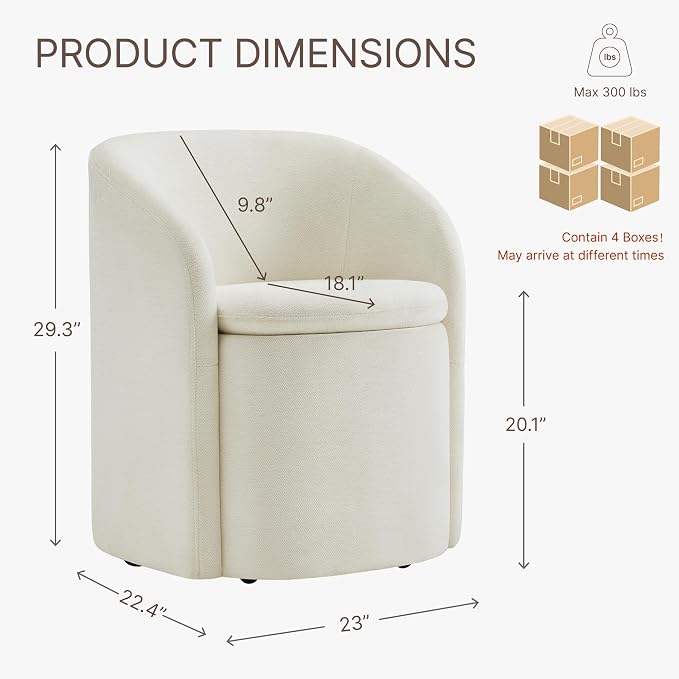 KISLOT Upholstered Dining Chairs with Casters, No Assembly Rolling Modern Dining Room Chairs with Hidden Storage & Barrel Backrest, Accent Chair for Bedroom, Living Room, Dressing, Linen, Set of 4