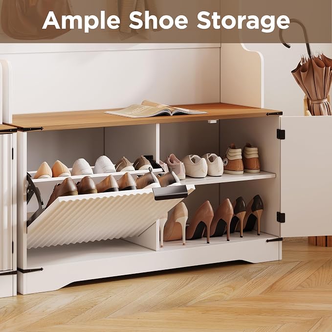 Maupvit Farmhouse Hall Tree with Bench and Shoe Storage, 4 Coat Rack with Shoe Storage Cabinet, 5-in-1 Entryway Organizer with Led Lights, Adjustable Shelves & Flip Drawers, Mudroom Seat Stool, White