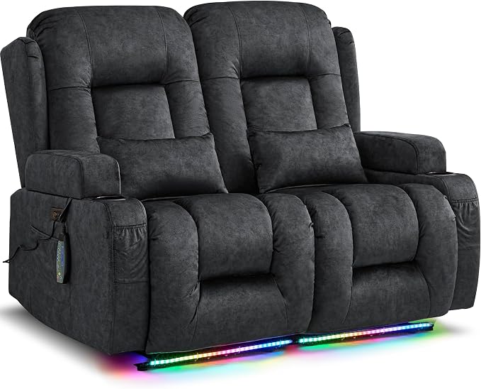 URRED Power Loveseat Recliner Sofa with Massage and Heat, Wall Hugger Reclining Loveseat, RV Couch Home Theater Seating with LED Lights for Living Room (Dark Grey, 54" - 2 Seats)