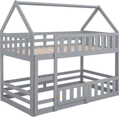SOFTSEA Twin Over Twin House Bunk Bed, Solid Wood House Bunk Bed Frame with Ladder, Door & Safety Guardrails, Floor Bunk Beds for Kids, Noise Free, Easy Assembly, Grey