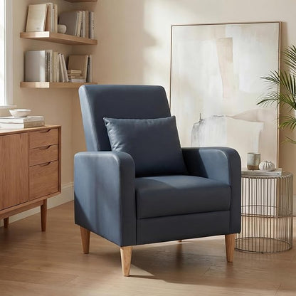 COLAMY Mid-Century Modern Accent Chair, Faux Leather Upholstered Living Room Chair with Back Pillow & Solid Wood Legs, Comfy Armchair for Living Room, Bedroom, Single Sofa, Dark Blue