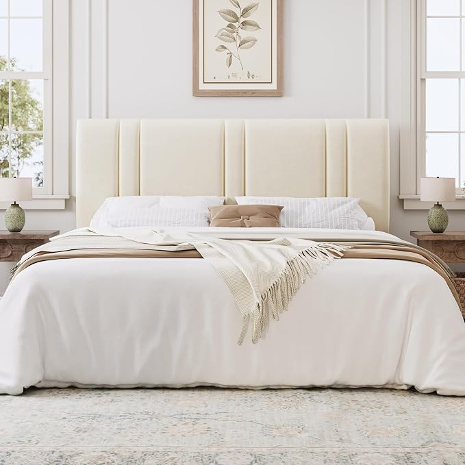 SHA CERLIN King Size Platform Bed Frame, Velvet Upholstered Bed with Adjustable Headboard, Vertical Channel Tufted Design, Sturdy Wood Slat Support, No Box Spring Needed, Easy Assembly, Cream White