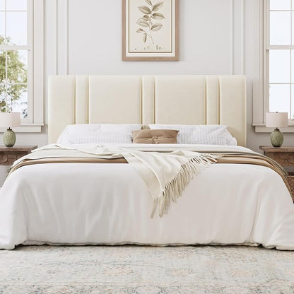 SHA CERLIN King Size Platform Bed Frame, Velvet Upholstered Bed with Adjustable Headboard, Vertical Channel Tufted Design, Sturdy Wood Slat Support, No Box Spring Needed, Easy Assembly, Cream White