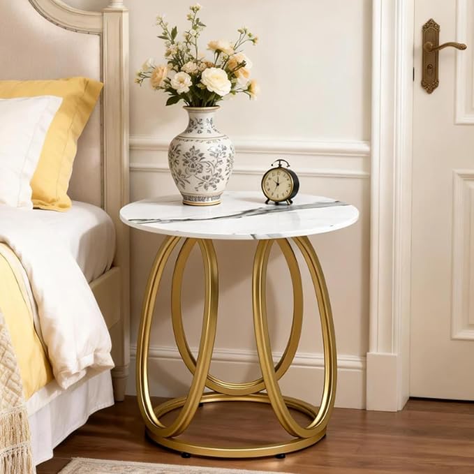 O&K FURNITURE Gold Side Table for Living Room, Round End Table with Chrome Finish, Contemporary Nightstand, Bedroom & Home Office, 1PC
