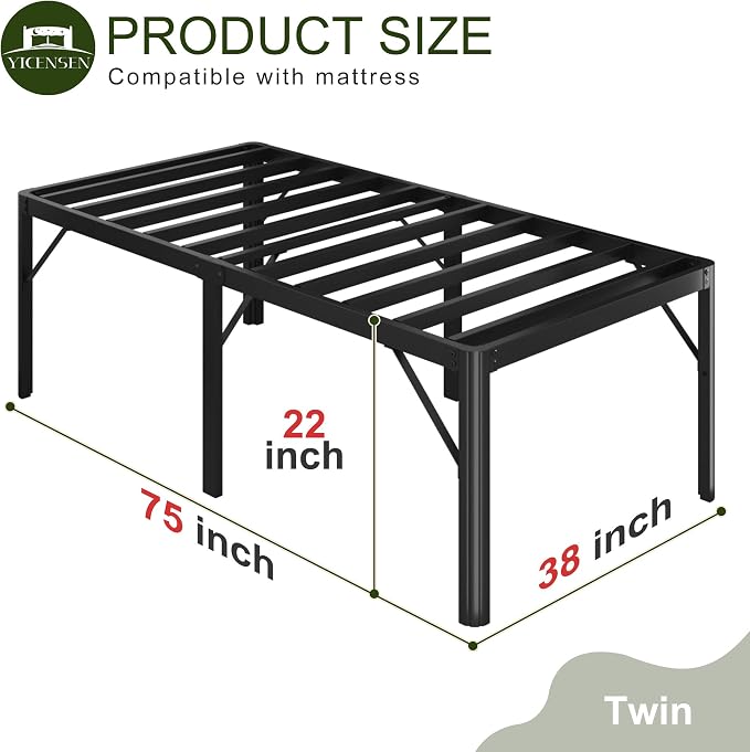 Yicensen 22 Inch High Twin Bed Frames with Rounded Corner Legs, Heavy Duty Metal Twin Size Platform Bed Frame No Box Spring Needed, Easy Assembly, Noise Free, Black