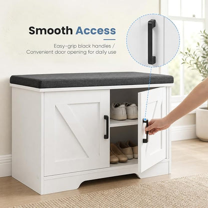 NEWBULIG Shoe Storage Bench for Entryway with Cushion, 27.6IN, White | Shoe Organizer Cabinet with Padded Cushion and Doors, Adjustable Shelves, Shoes Bench for Hallway, Mudroom, Bedroom