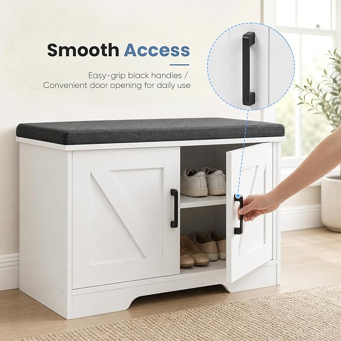 DUMOS 28" Shoe Storage Bench, Entryway Shoe Organizer Cabinet with Padded Seat Cushion, Adjustable Shelf and 2 Doors, Compact Storage Bench for Small Spaces, Hallway, Bedroom, Living Room, White