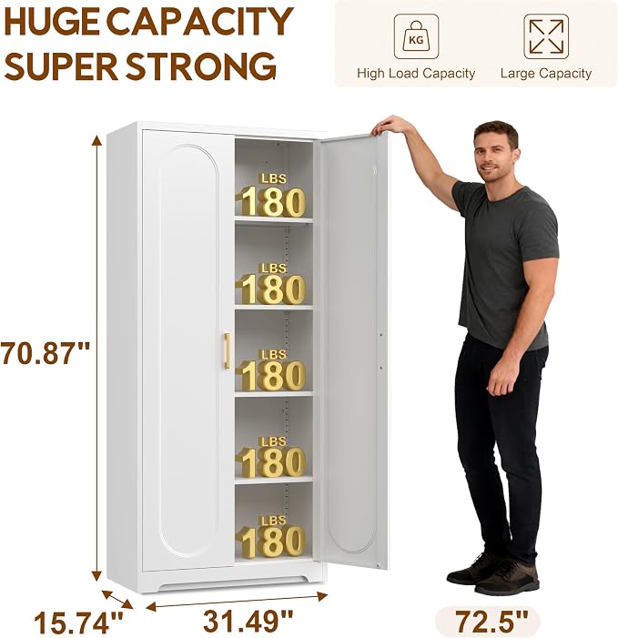UNICOLY 71" Kitchen Pantry Cabinet, Pantry Storage Cabinet with Doors and 4 Shelves, Metal Storage Cabinets for Laundry Room, Living Room, Dinning Room, Assembly Required, White
