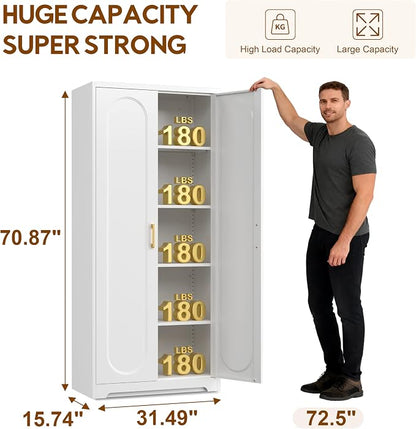 UNICOLY 71" Kitchen Pantry Cabinet, Pantry Storage Cabinet with Doors and 4 Shelves, Metal Storage Cabinets for Laundry Room, Living Room, Dinning Room, Assembly Required, White