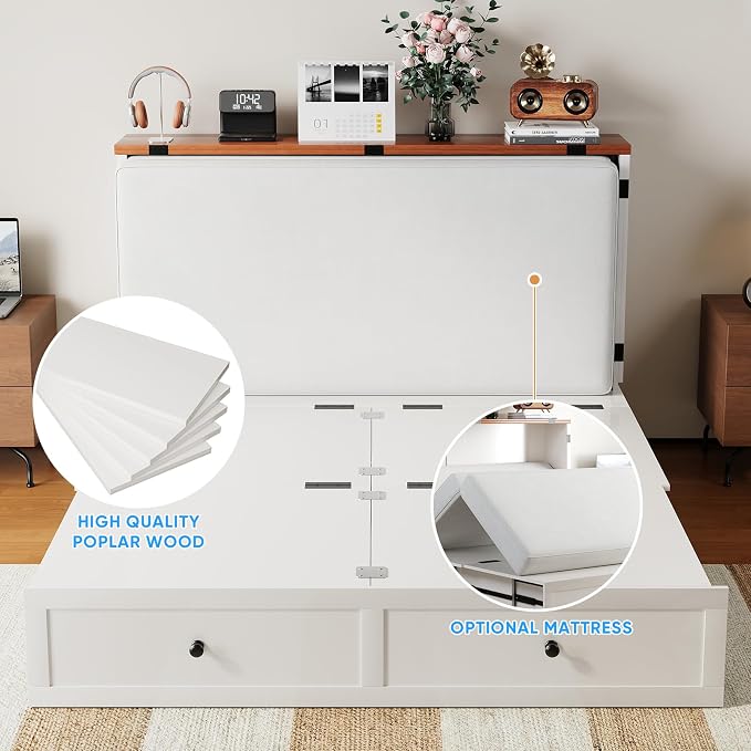 PUREMIND Murphy Bed Queen, X Frame Cabinet Beds Chest with Charging Station & Storage Drawers, Convertible Hideaway Cabinet Bed for Guest Room, White, Without Mattress
