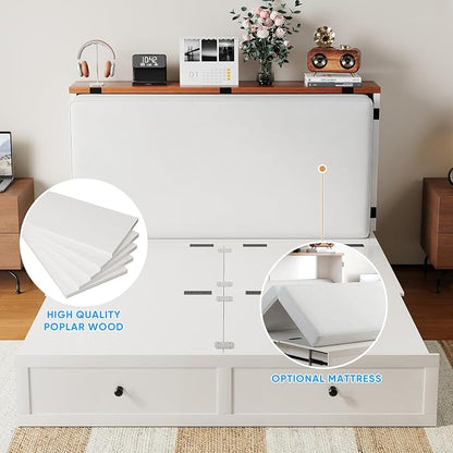 PUREMIND Murphy Bed Queen, X Frame Cabinet Beds Chest with Charging Station & Storage Drawers, Convertible Hideaway Cabinet Bed for Guest Room, White, Without Mattress