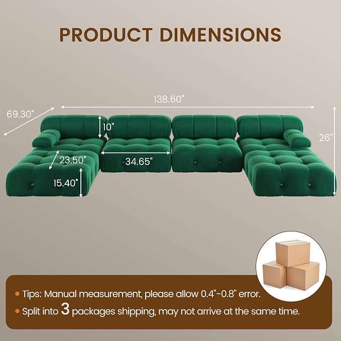 138" Convertible Modular Sectional Sofa, U-Shaped Velvet Sectional Couch with Chaise Ottomans, Minimalist Modern 6 Seat Sofas for Living Room Bedroom Office Apartment (Green)