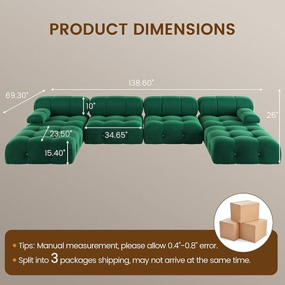 138" Convertible Modular Sectional Sofa, U-Shaped Velvet Sectional Couch with Chaise Ottomans, Minimalist Modern 6 Seat Sofas for Living Room Bedroom Office Apartment (Green)