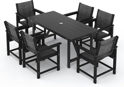 7 Piece HDPE Patio Dining Set, All-Weather Outdoor Table and Chair Sets with Umbrella Hole Outdoor Dining Table Sets of 6 Textilene Fabric Patio Chairs for Backyard, Poolside, Garden, Deck(Black)