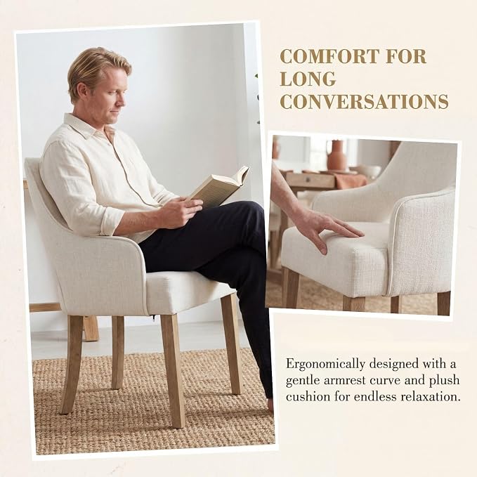 Linen Upholstered Dining Chairs Set of 4 with Arms | Cream Linen Fabric, Breathable Upholstery, Curved Backrest, Cushioned Seat, Solid Wood Legs, Farmhouse Style For Dining Room