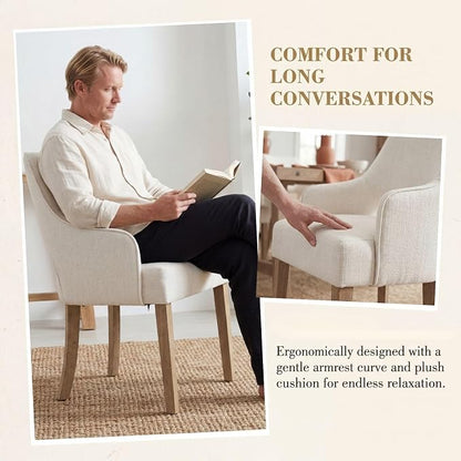 Linen Upholstered Dining Chairs Set of 4 with Arms | Cream Linen Fabric, Breathable Upholstery, Curved Backrest, Cushioned Seat, Solid Wood Legs, Farmhouse Style For Dining Room