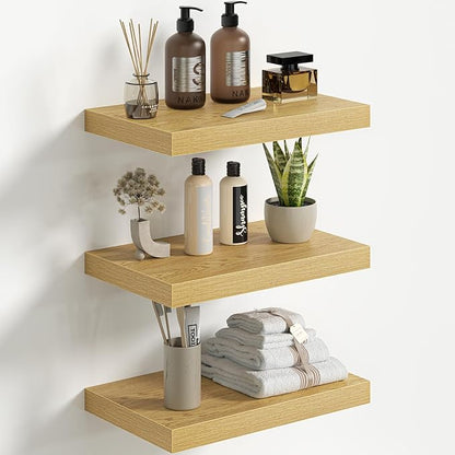 Fun Memories Floating Shelves for Wall 16 Inch Set of 3, Farmhouse Floating Shelves with Invisible Heavy Duty Bracket, 10 Inch Deep Bathroom Shelves for Storage, Living Room, Kitchen, Decor, Oak