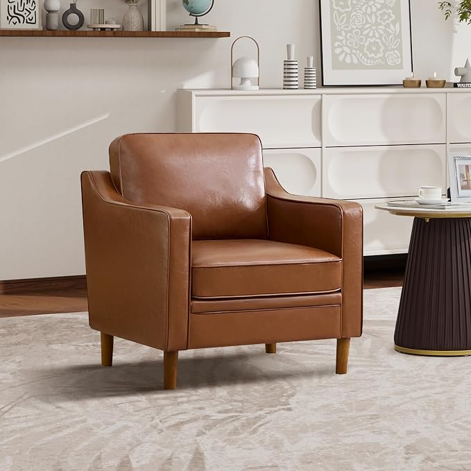 Kingfun Accent Chair, Living Room Chairs, Faux Leather Reading Armchair, Mid Century with Solid Wood Foot, Upholstered Modern Decor for Bedroom, Apartment