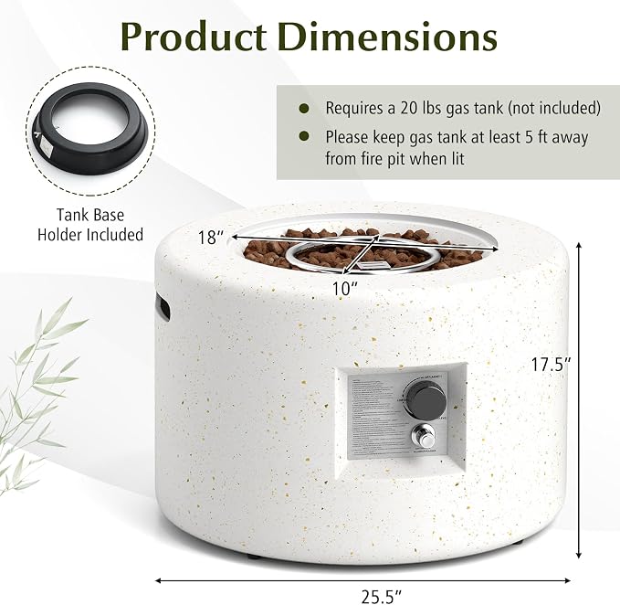 Tangkula Propane Fire Pit Table, 25.5” Round Terrazzo Gas Fire Pit with Stainless Steel Burner & Lava Rocks, Protective Cover & Tank Seat Included, 40,000 BTU Smokeless Fire Pit for Outside Patio