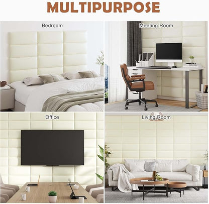 IFNOW Wall Mounted Upholstered Headboard King, 3D Peel and Stick Soundproof Wall Panels, Reusable and Removable Padded Headboard Leather Bed, 12 Panels 9.84" x 23.62", Beige