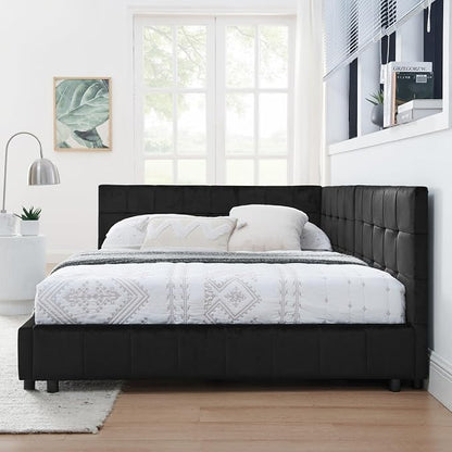 KEIKI Full Size L Shape Corner Bed Frames with Backrest and Armrests, Velvet Upholstered Sofa Daybed for Small Room, Living Room, Bedroom, Guest Room, Kids' Room
