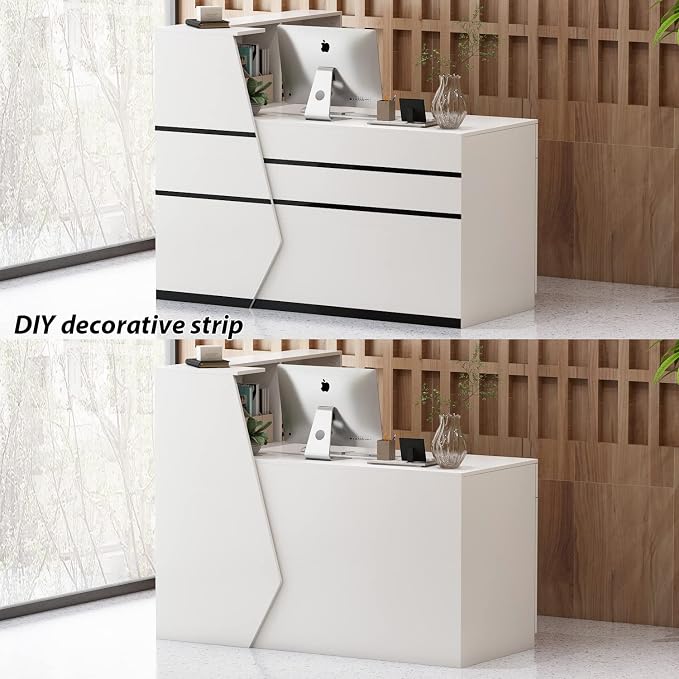 AIEGLE Reception Desk with Hutch, Reception Counter Desk with Lockable Drawers & Shelves, for Salon Recetion Room Retail Counter Checkout Office, White (55.1" W x 43.3" D x 43.3" H)
