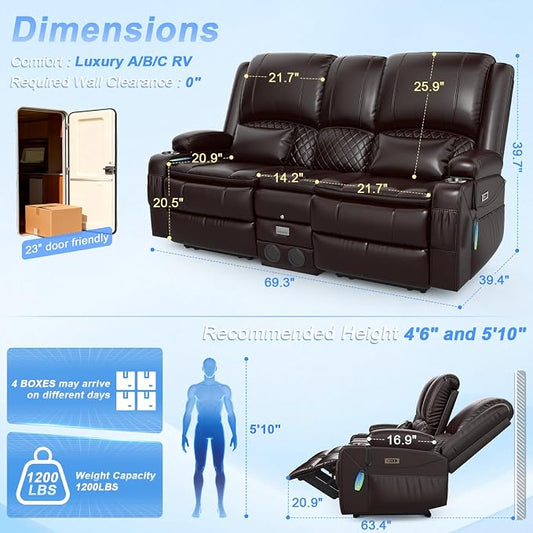 Power Recliner Loveseat Recliner with Massage and Lumbar Heating, Home Theater Reclining Loveseat with Flip Console, RV Couch Wall Hugger with 2 Speakers, Storage, USB, Outlet & LED (PU, Brown)
