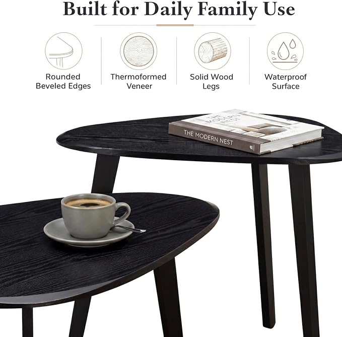 Nesting Coffee Table Set of 2-Mid Century Modern Coffee Table | Guitar Pick Stacking Tables with Solid Wood Legs,Small Coffee Tables for Small spaces,Living Room,Balcony