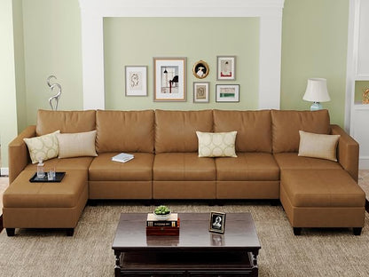 EASE MOOSE Faux Leather Sectional Couch Sofa with Storage,Faux Leather Modualr Sectional Sofa Brown U Shaped Modular Couch