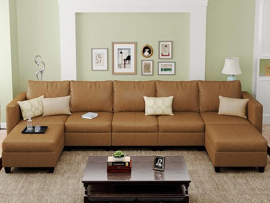 EASE MOOSE Faux Leather Sectional Couch Sofa with Storage,Faux Leather Modualr Sectional Sofa Brown U Shaped Modular Couch