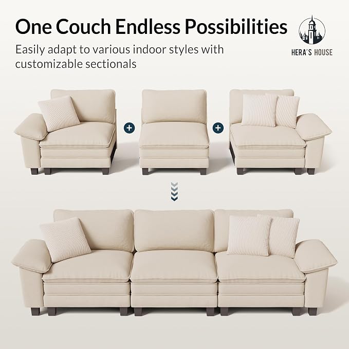 HERA'S HOUSE 124" Modular Sectional Sofa, Oversized L Shaped Couches for Living Room, Comfy Cloud Couch with Ottoman, 4-Seater Deep Seat Sofa with Throw Pillow, Chenille Beige