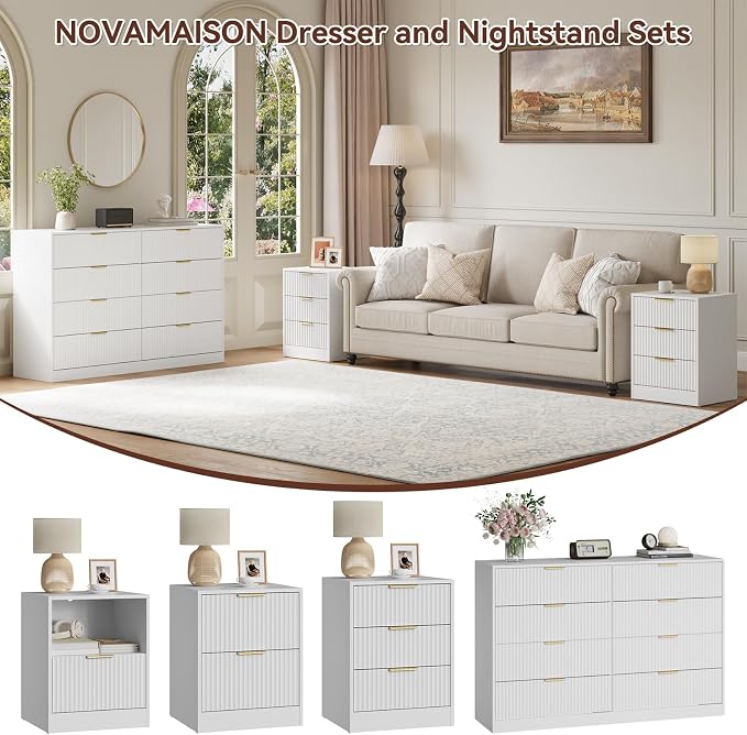 8 Drawer Dresser & Nightstand Set 3-Piece, 55” Wide Tall Fluted Dresser and Night Stand Set of 2 with Metal Handle, Modern Wood Chest of Drawers Storage Dressers Set for Bedroom, White