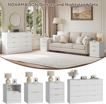 8 Drawer Dresser & Nightstand Set 3-Piece, 55” Wide Tall Fluted Dresser and Night Stand Set of 2 with Metal Handle, Modern Wood Chest of Drawers Storage Dressers Set for Bedroom, White