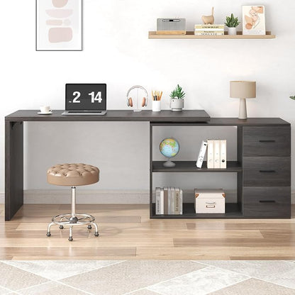 HSH L Shaped Computer Desk with Drawers, L Shaped Desk with Storage Cabinet Shelves, Large Reversible Corner Executive Home Office Desk, Industrial Wood Work Writing Study Table Workstation,Gray 60 In