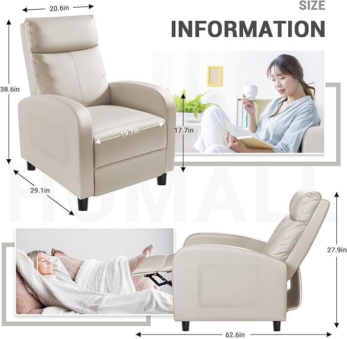Homall Recliner Chair, Recliner Sofa for Adults, Recliners Home Theater Seating with Lumbar Support, Reclining Sofa Chair for Living Room (Leather, Beige)