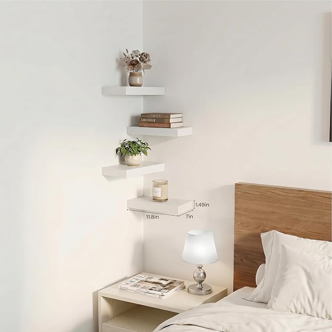 Bathroom Floating Shelves,11.8'' Wall Mounted Wood Shelves,Hanging Shelf for Books/Toiletries/Decor(White,Set of 4)