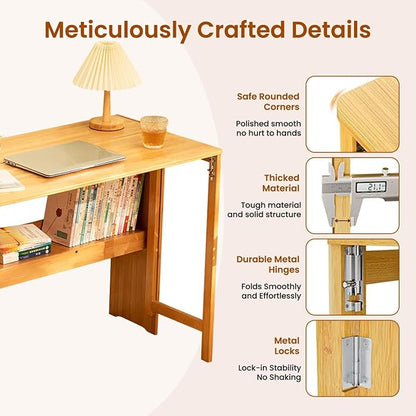 Bamboo Foldable Desk, 41" Folding Bamboo Desk for Small Spaces, Mid Century Small Computer Desks with Bookshelf, Wooden Desks for Home Bedroom Study Office, Primary Color