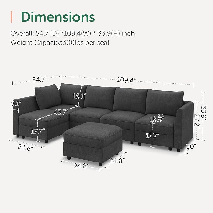 HONBAY Modular Sectional Couch L Shaped Sectional Sofa with Storage, Convertible Couches for Living Room - Snowflake Velvet Grey