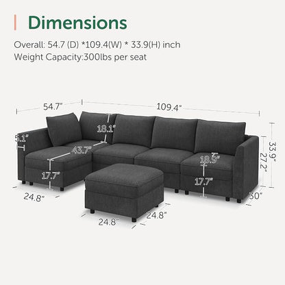 HONBAY Modular Sectional Couch L Shaped Sectional Sofa with Storage, Convertible Couches for Living Room - Snowflake Velvet Grey