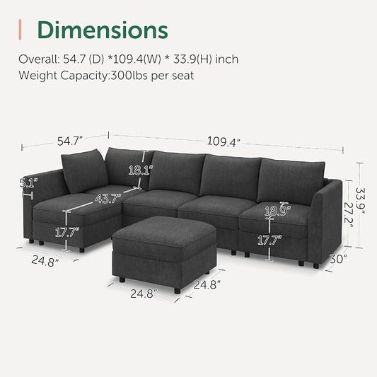 HONBAY Modular Sectional Couch L Shaped Sectional Sofa with Storage, Convertible Couches for Living Room - Snowflake Velvet Grey