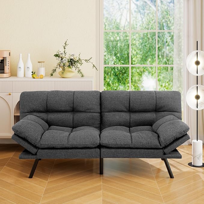Vipbear 71" Futon Sofa Bed - Convertible Sofa Beds/Adjustable Backrest & Armrest, Comfy Loveseat Sleeper for Small Spaces, Apartments & Offices,Linen Fabric Grey Futons
