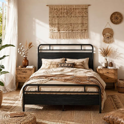 SHA CERLIN Full Size Bed Frame with Vintage Industrial Wood Headboard, Heavy Duty Metal Platform with 12" Under-Bed Storage, Mattress Foundation, No Box Spring Needed, Noise-Free, Easy Assembly, Black