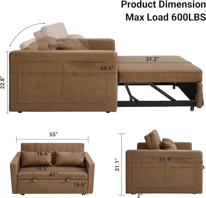 55'' Leather Sofa Bed, Pull Out Sleeper Sofa Couch Bed, Loveseat Sleeper, Futon Sofa Couch with Side Pocket, Convertible Sofa Bed for Living Room, Apartment, Bedroom, RV, Brown