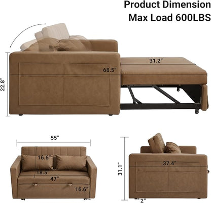 55'' Leather Sofa Bed, Pull Out Sleeper Sofa Couch Bed, Loveseat Sleeper, Futon Sofa Couch with Side Pocket, Convertible Sofa Bed for Living Room, Apartment, Bedroom, RV, Brown