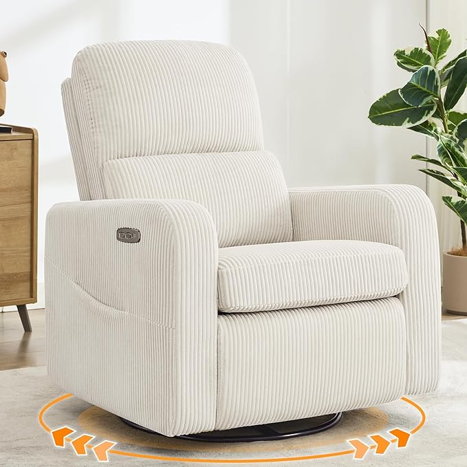 Swivel Rocker Recliner, Oversized Power Recliner Glider with Removable Cushion, Upholstered Corduroy Swivel Reclining Nursery Chairs for Living Room Bedroom, Cream White