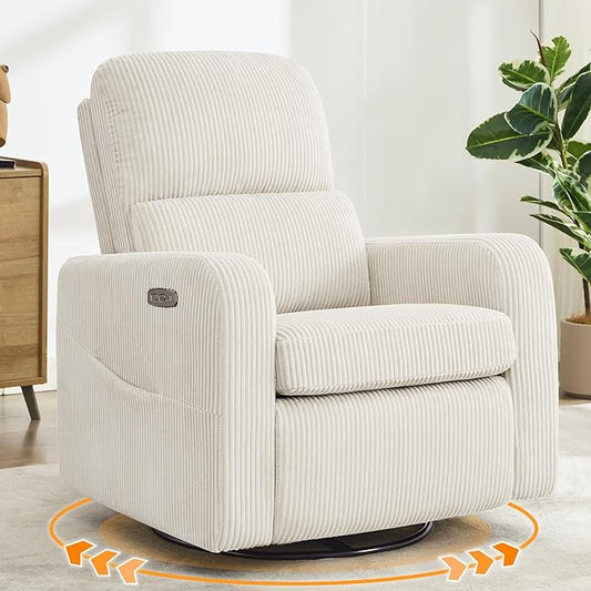 Swivel Rocker Recliner, Oversized Power Recliner Glider with Removable Cushion, Upholstered Corduroy Swivel Reclining Nursery Chairs for Living Room Bedroom, Cream White