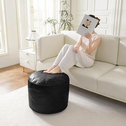 HIGOGOGO Round Stuffed Pouf Ottoman, Pu Leather Poufs with Foam Chunk Filling, Furry and Fluffy Pouf Foot Stool Storage Ottoman, 20 X 15 Floor Poufs Foot Rest for Living Room, Black