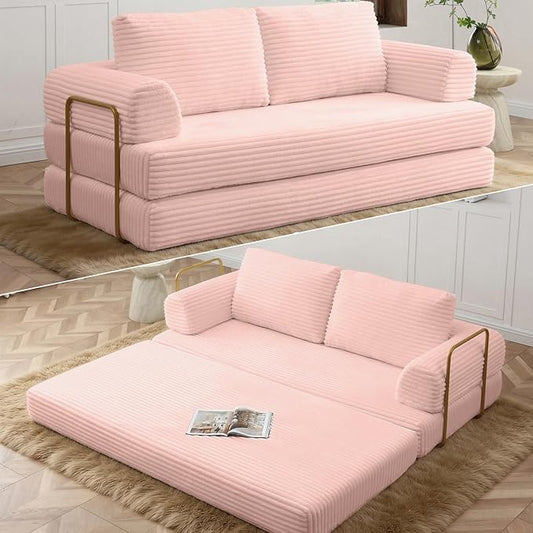 HANXIN 80 Inch Convertible Sleeper Sofa Bed, High Back Plush Corduroy Folding Floor Mattress Couch with Fixed-Shape Frame, Boneless Futon Loveseat with Pull Out Bed, No Assembly Required (Pink)