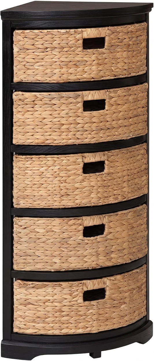eHemco Hampton Meadows 5 Tier X-Side Corner Storage Cabinet, Black | 5 Wicker Baskets