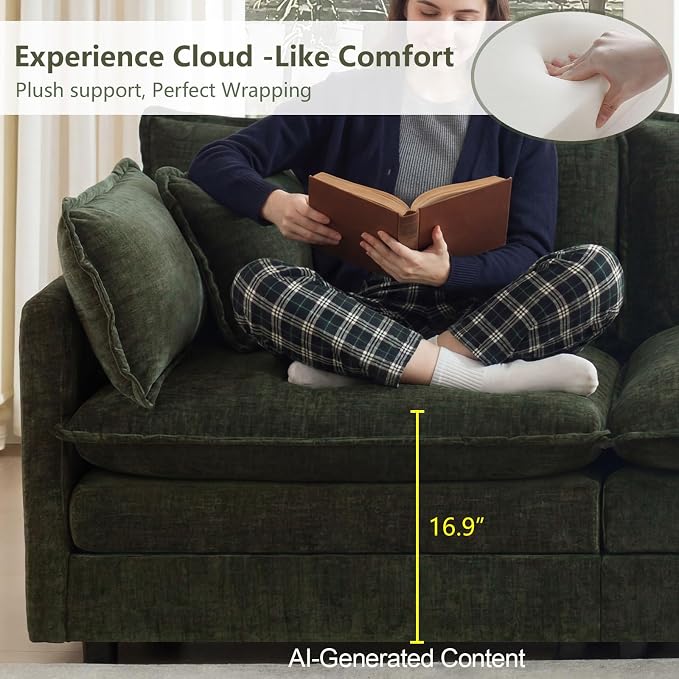 GNIXUU 76.7" Green L Shaped Cloud Couch, Modern Chenille Modular 2 Seater Loveseat Sofa with Movable Ottoman, Deep Seat Sectional Couch with Pillows for Small Place, Living Room Apartment Office
